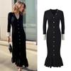 Premium Color-Block V-Neck Knitted Long Fishtail Dress with Single-Breasted Design for Women's Autumn and Winter Style