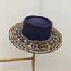 (L, Blue) Men Women Straw Sun Hat Breathable Ethnic Style Stylish Flat Top Wide Brim Beach Hat