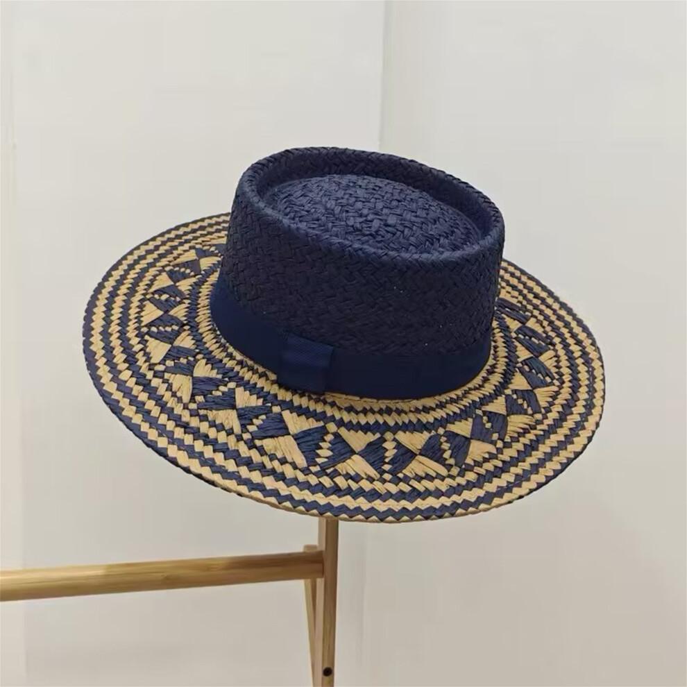 (L, Blue) Men Women Straw Sun Hat Breathable Ethnic Style Stylish Flat Top Wide Brim Beach Hat