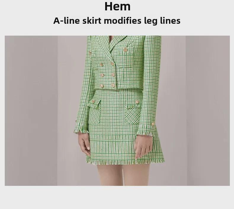 2024 Autumn/Winter Plaid Double-Breasted Short Top & A-Line Tassel Skirt Set