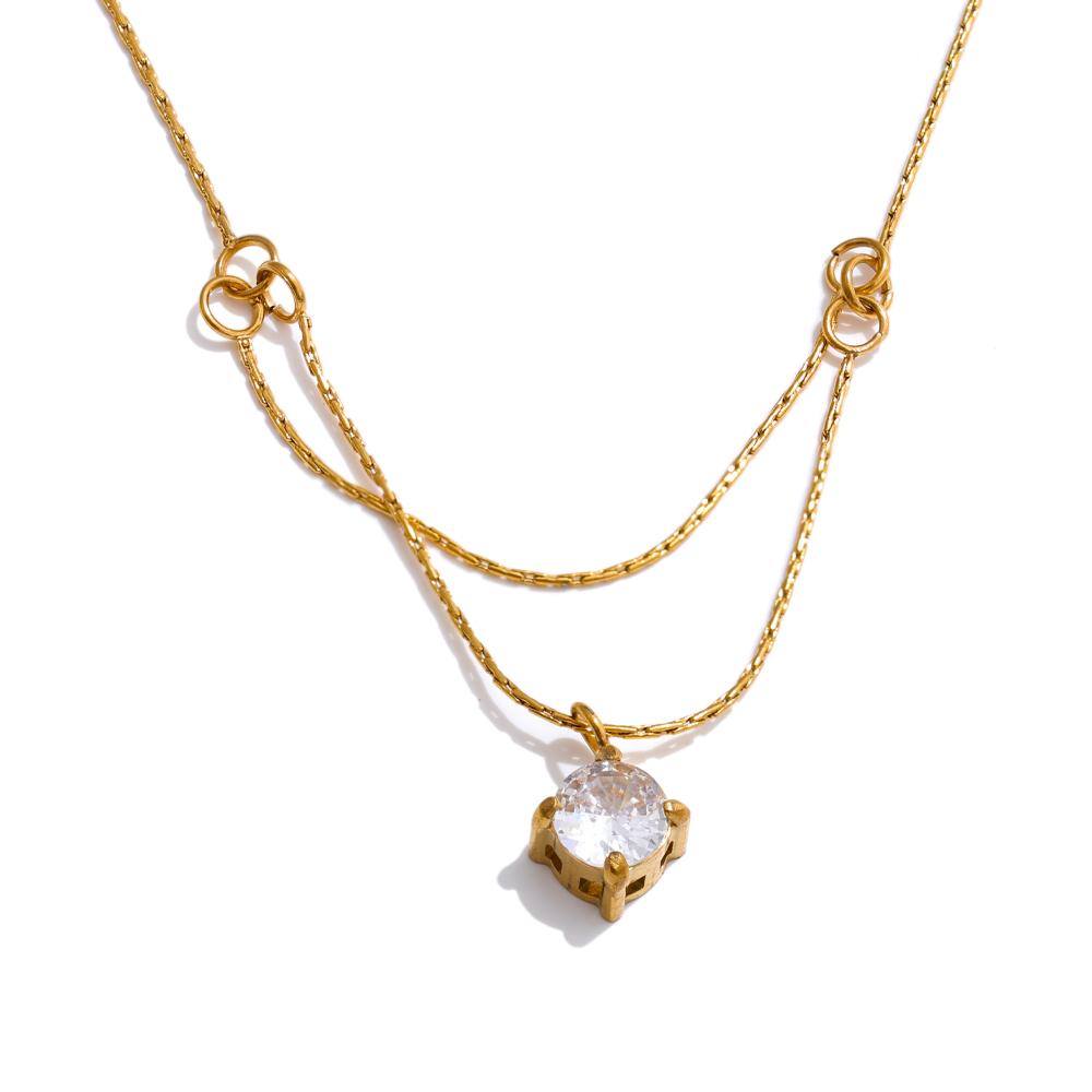 Yhpup Chic Stainless Steel Double-Layer Chain Zirconia Exquisite Pendant Necklace Temperament Fashion Daily Jewelry Waterproof
