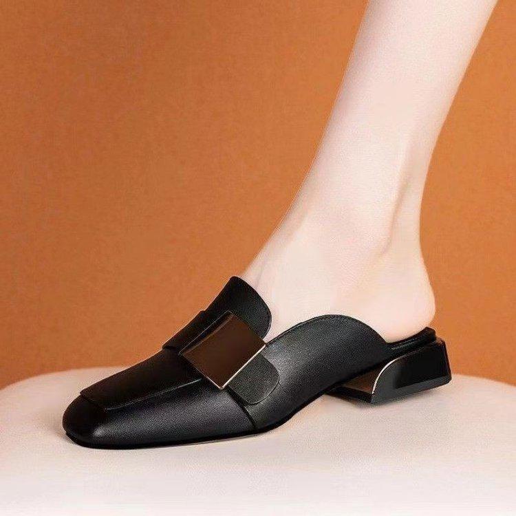 Women's French Retro Square Toe Mid Heel Mules - British Style Closed Toe Summer Loafers