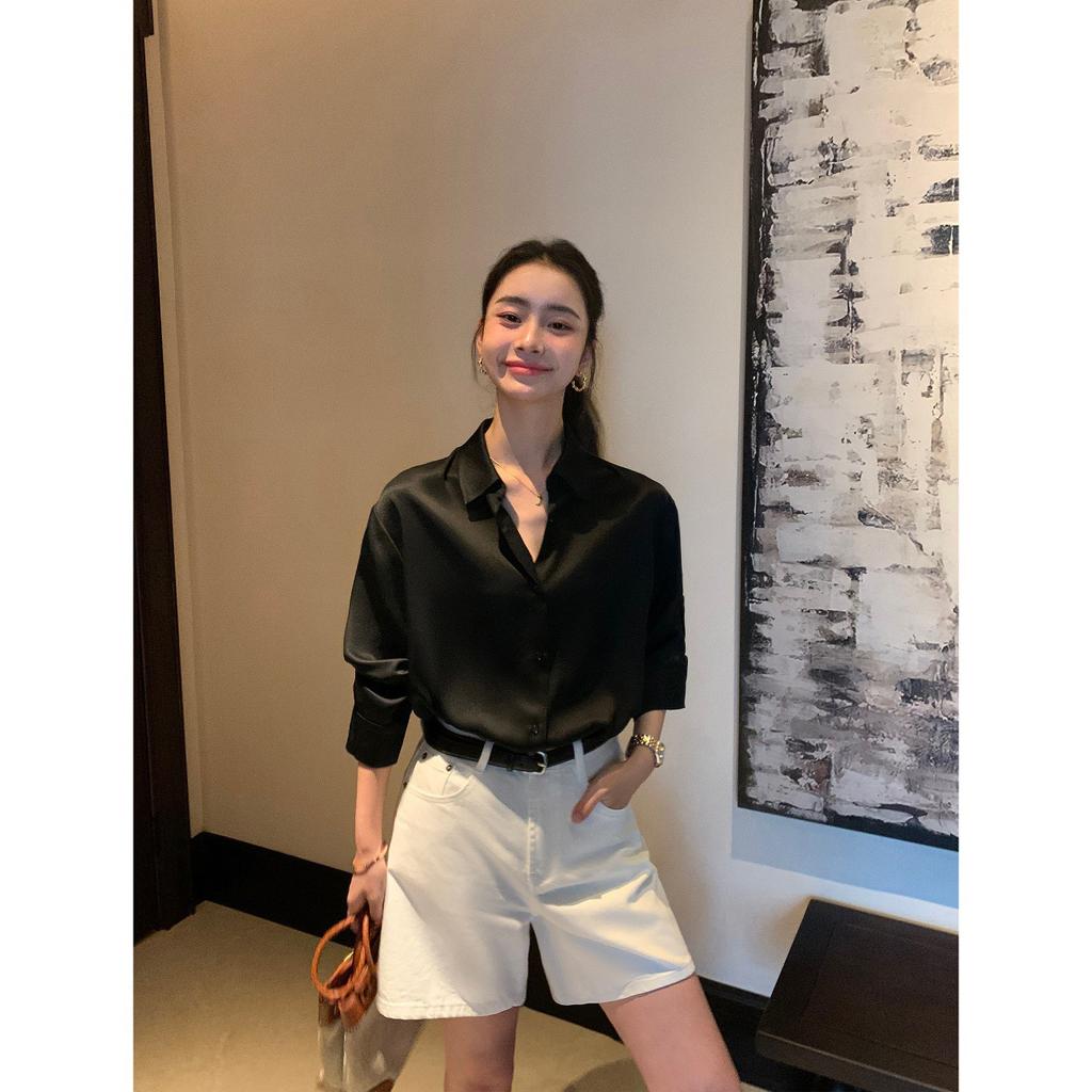 Pusumed Premium Acetate Shirt Women's Satin Glossy Loose Drop Seven-Sleeve Temperament Commuter Top