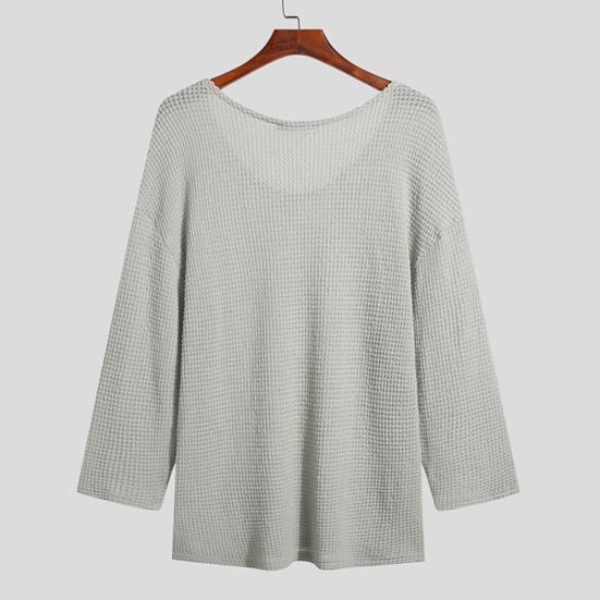 Spring Autumn Men Pullover Sweater V-Neck Long Sleeve Solid Color Knitted Tops Hollow
