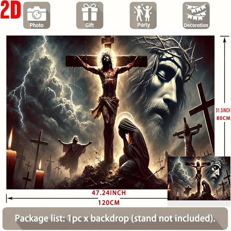 2D Flat Party Backdrop Banner - Cross Theme with Figure Holding Cross, Blood & Lightning
