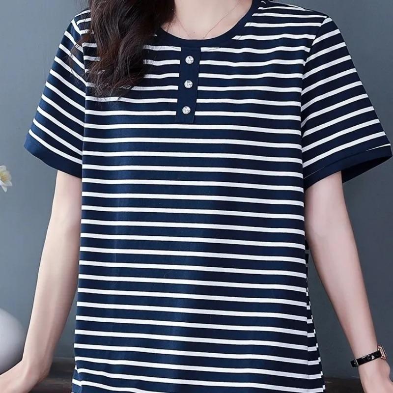 Women Yellow and White Striped Henley Neck Mid-Length T-Shirt L синий