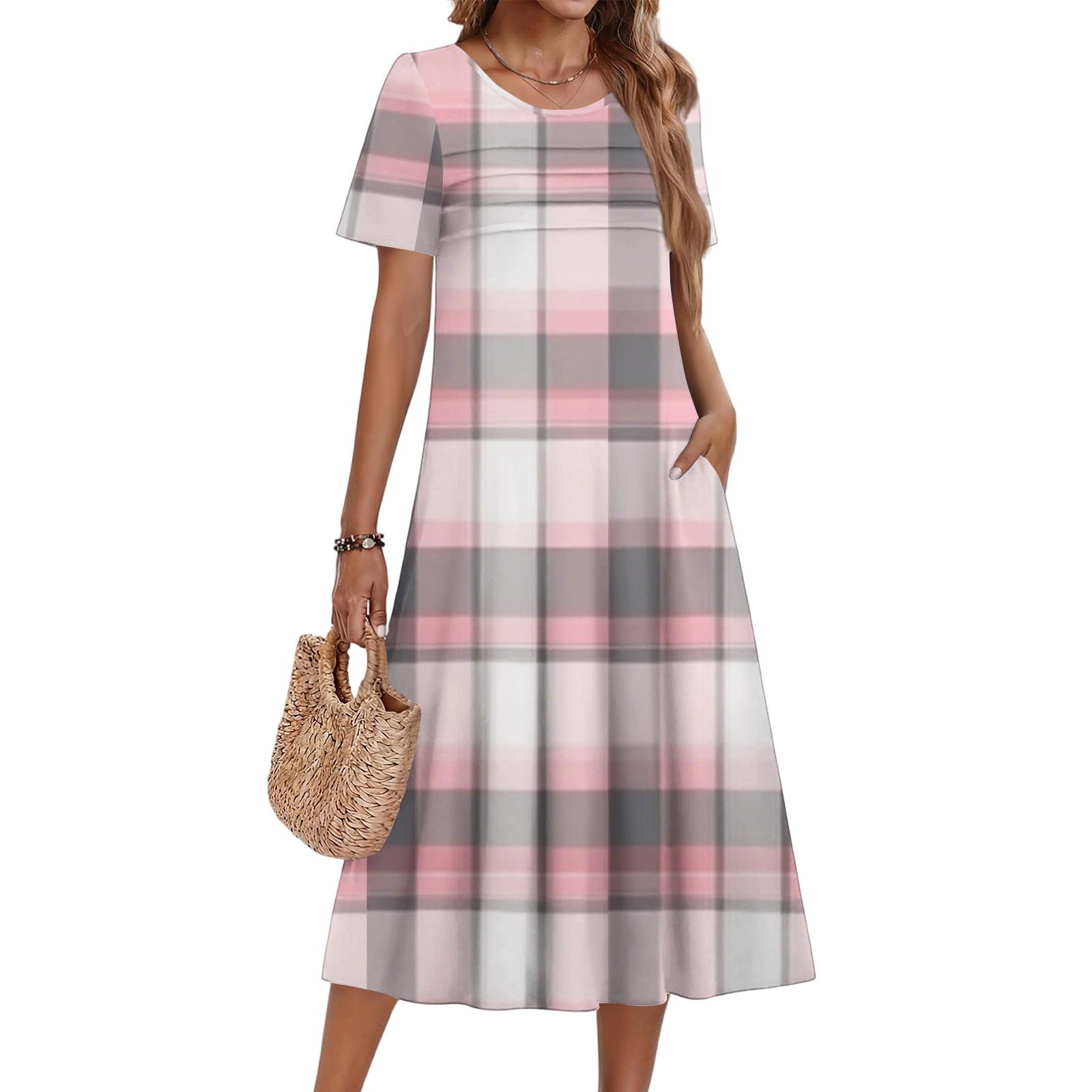 

Ladies Plaid Printed Casual And Fashionable Short Sleeved Round Neck Dress XL рожевий