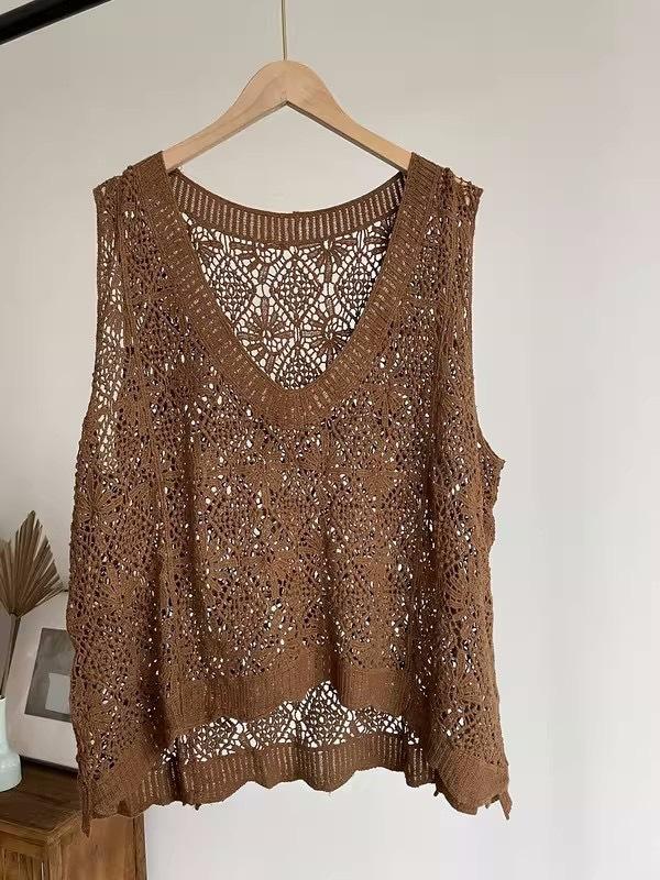Stack Out The Surprise Cotton Thread Hollow Vest Women's V-neck Knitted Vest Literary Versatile Thin Summer Vest Vest