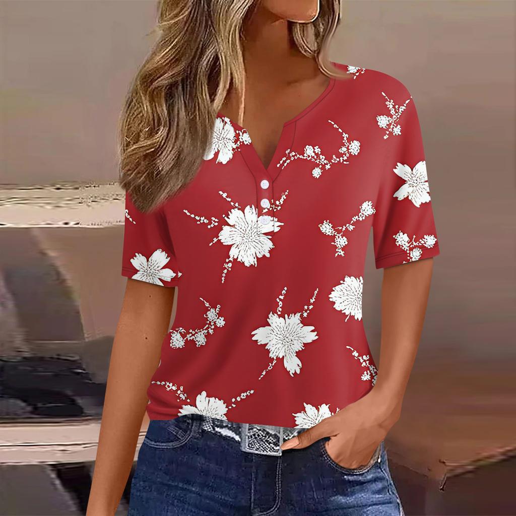 Women's T Shirt Tee Printed Button Short Sleeve Tunic Daily Weekend Fashion Basic V- Neck Regular Top