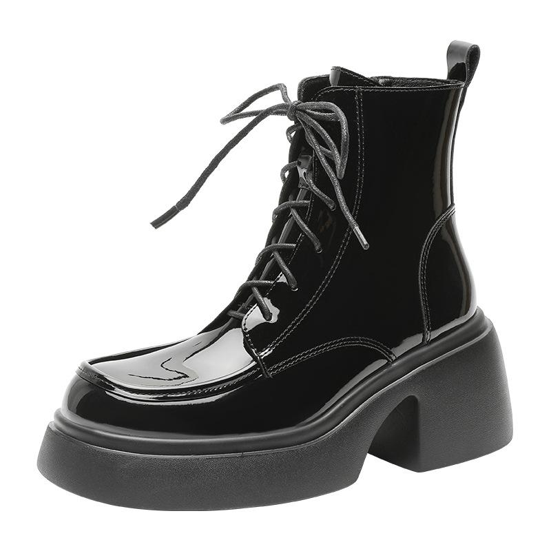 Sweet and cool girls Martin boots women's 2025 autumn and winter British lace-up short boots 7cm heightened thick-soled high-heeled patent leather bo