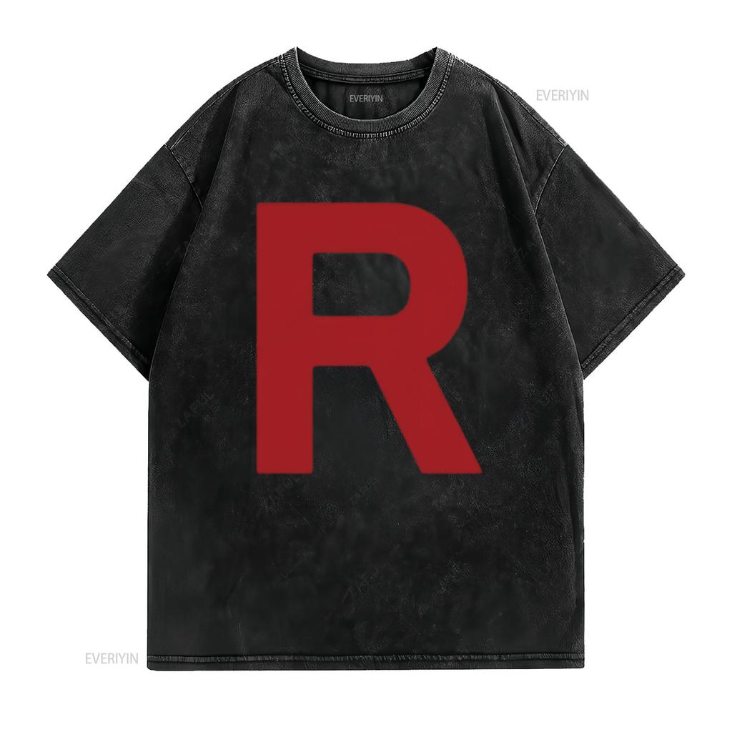 Team Rocket Inspiriertes T-Shirt Kostüm Erwachsenen Halloween Für Männer Schwarz Klein Vintage Gewaschenes Oberteil Für Den Alltag Weich Bequem