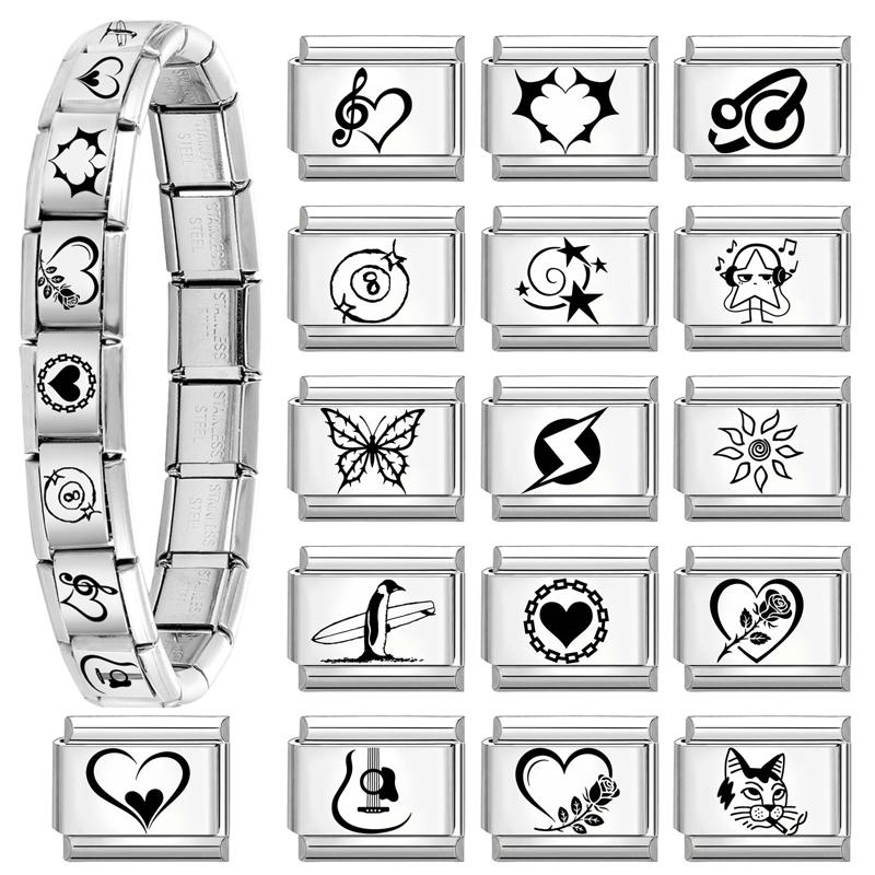 Laser Engraving Eyes Star Music Note Flowers Ball Sun Italian Charm Links Fit 9mm Bracelet Stainless Steel Women DIY Making Gift