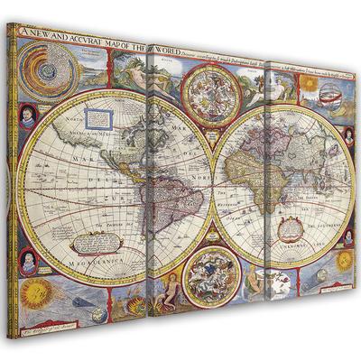 Three Piece Picture Canvas Print Old World Map Retro
