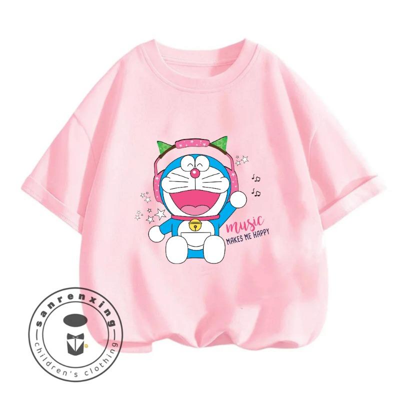 Summer Boys and Girls Crew Neck T-Shirt Casual Daily Wear Doraemon Cute Cartoon Fashion