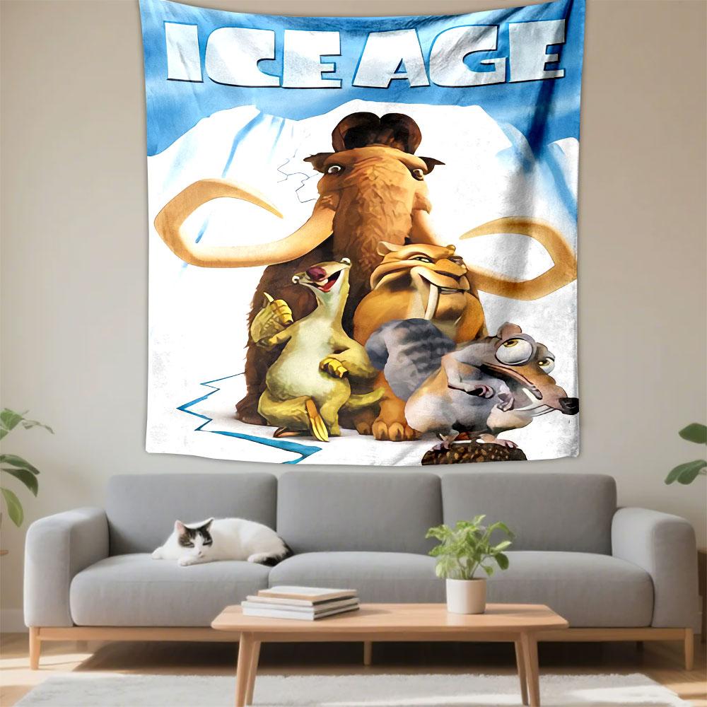 Ice Age 2 Tapestry Wall Hanging, Manny Diego Scrat Cartoon Art, Colorful Kids Wall Decor for Bedroom Playroom