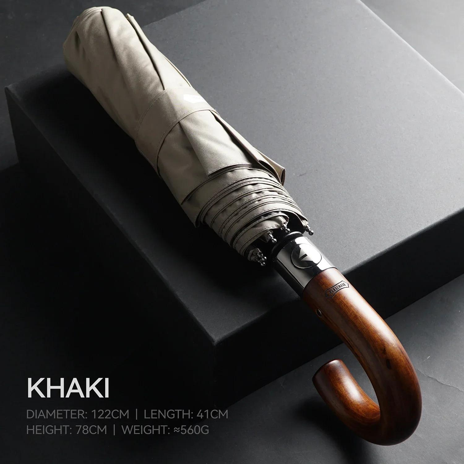 

PARACHASE Большой мужской зонт Ветрозащитный Прочный, Роскошный автоматический зонт Защита от УФ-лучей, Деревянная ручка, УФ-зонт Aluminum&8K хаки