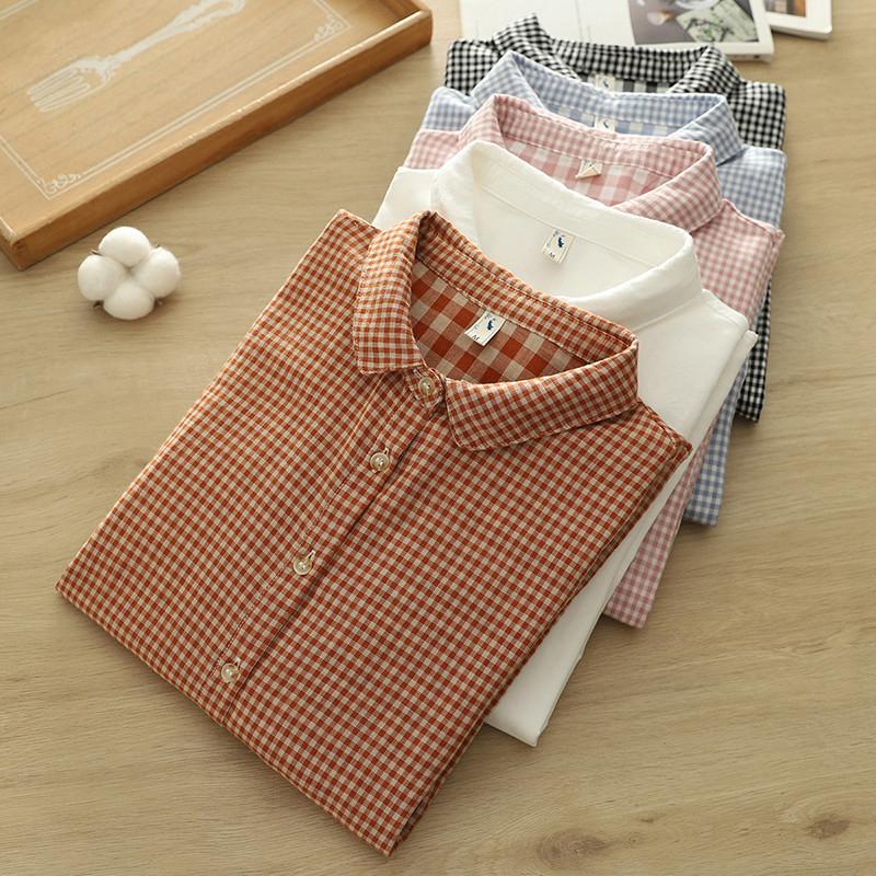 Grote Maten Dameskleding Meisje Lente Zomer Fris Ontwerp Roze Oranje Blauw Geruite Blouses Dames Plaid Shirts