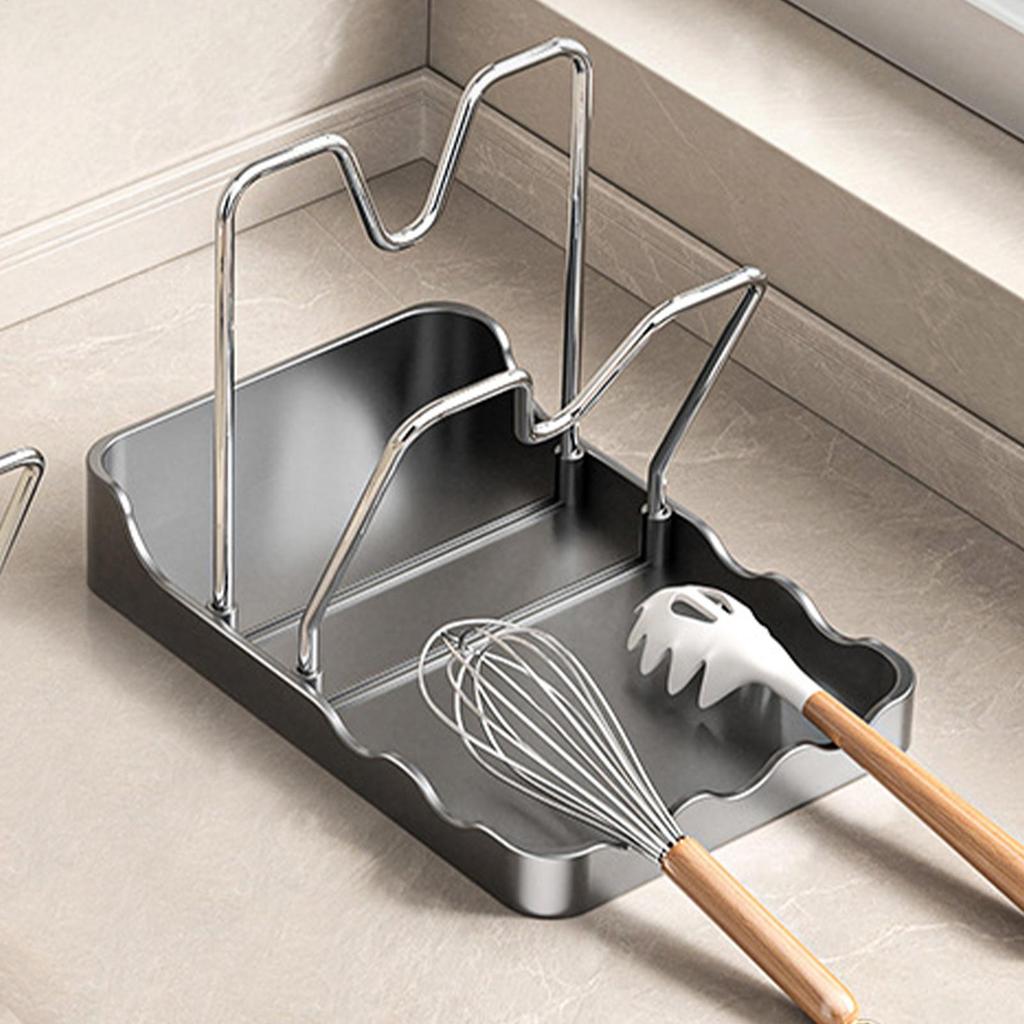 Pan Lid & Spoon Organizer Rack PP/Stainless Steel Vertical Drying Stand With Drip Tray Space Saving For Counter Dishwasher Safe