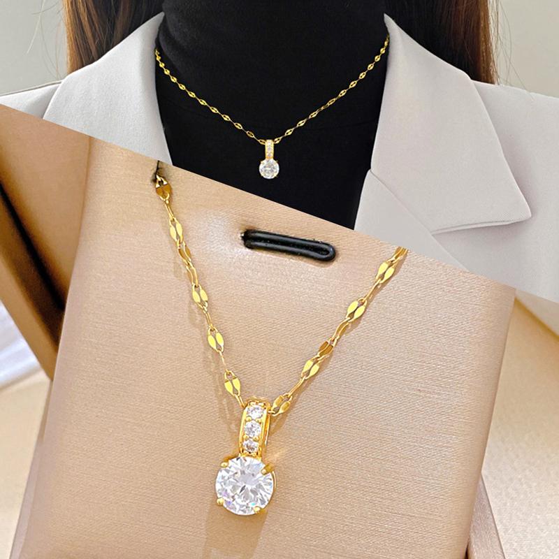 Fashion Trendy Geometric Pendant Necklace Titanium Steel Real Gold Plated Micro Inlaid Zircon Sweater Choker for Women Gift