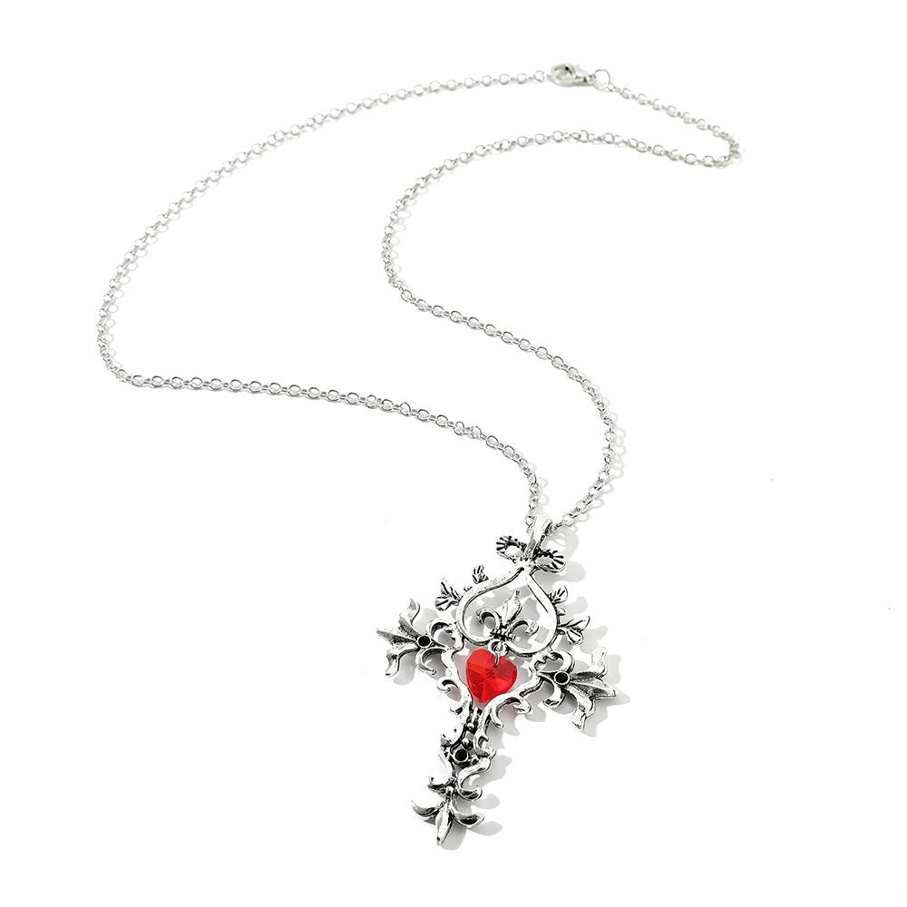 The Vampire Diaries Red Crystal Sacred Heart Cross Pendant Necklace Vintage Gothic Jewelry For Women Girls Gifts