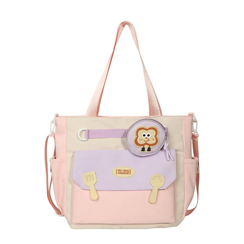 

Женская сумка через плечо Студенческая большой вместимости Цветной блок Сумка для книг Сумка кроссбоди розовый