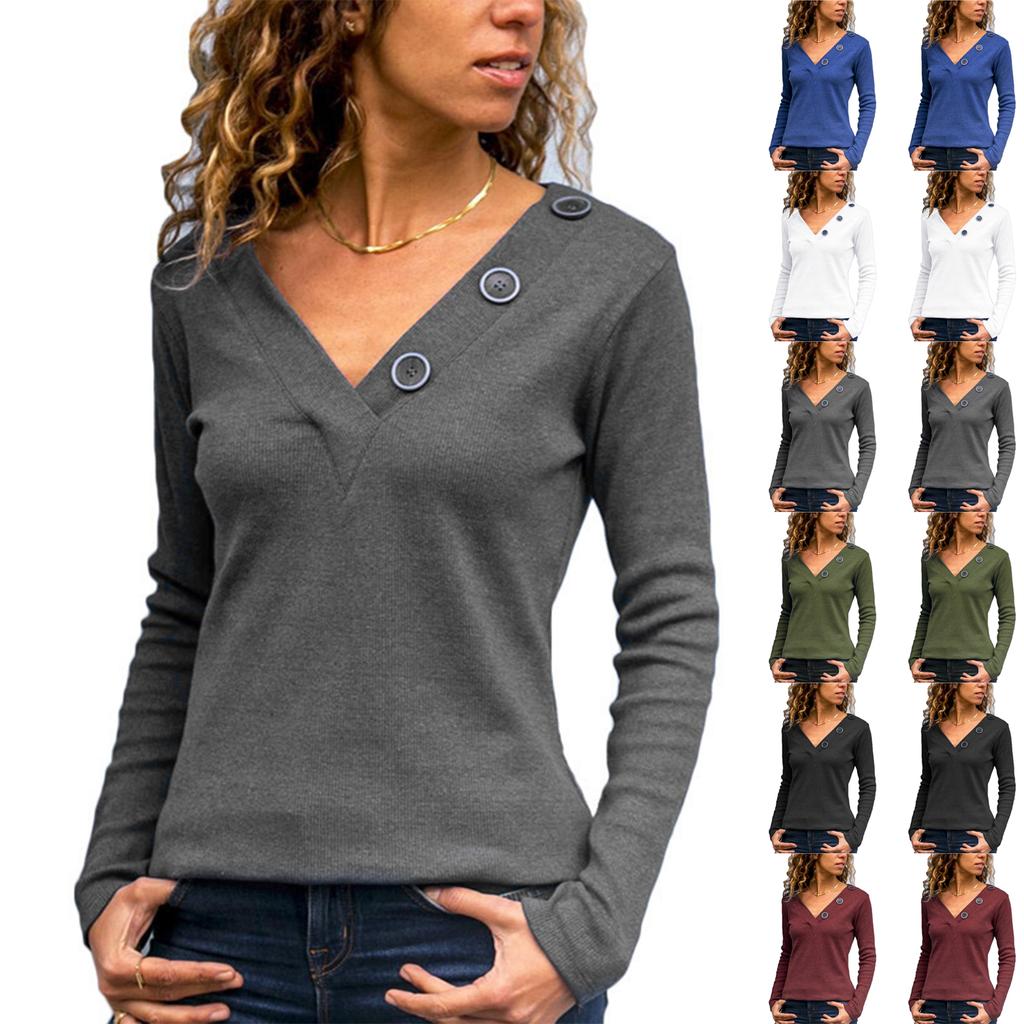 Women's Solid Color V-neck Button Decoration Solid Color Casual Long Sleeved Women's T-shirt
