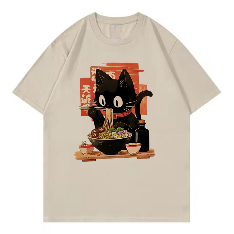 Black RaUnisex Cat Japanese Anime Style Design Printed Lightweight T Shirts Round Neck Short Sleeve Tee Shirt Hip Hop