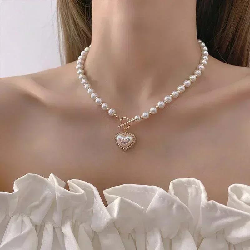 Collier de perles élégant simple et tendance pour femmes, long, à plusieurs rangs, avec pendentif cœur en strass et coquillage, accessoires, bijoux, cadeaux doux