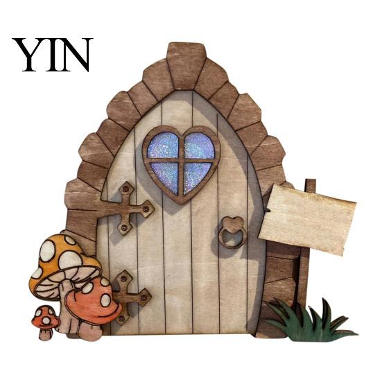 Hand Painted Rabbit Decorations Wooden Fairy Door Decor, 2D Gnome Elf Ornament, Bunny Mushroom Springtime Living Room Embellishments Wood Craft, House