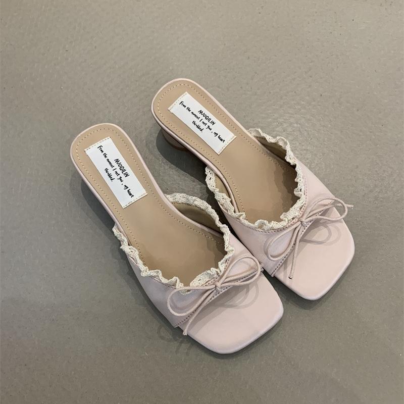 Summer Women's Butterfly-knot Lace Women Slippers Casual Thick Low Heel Dress Street Style Slides
