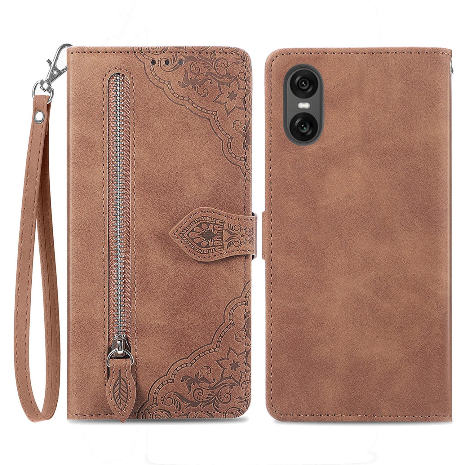 

For Sony Xperia 10 VI Zipper Wallet Case with Strap Flower Imprint PU Leather Phone Cover Brown