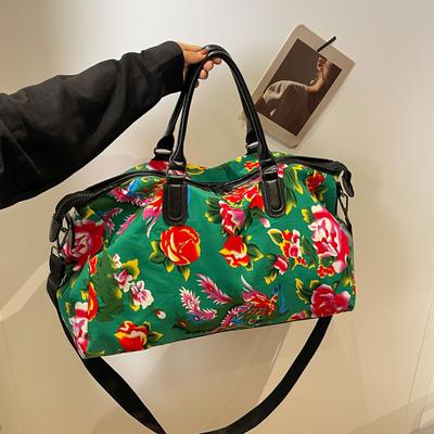 Chinese Ethnic High Capacity Travel Bag Versatile Contrasting Color Sports Fitness Handbag Personalized Northeast Big Flower Cotton Coat Crossbody Bag