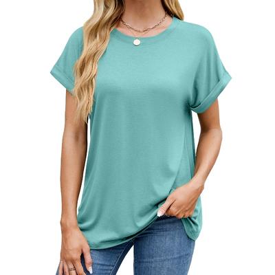 Spring Summer Solid Color Round Neck Loose Short Sleeved T-shirt Top for Women