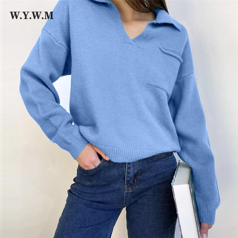 

WYWM Осенний однотонный базовый вязаный свитер, женский повседневный мягкий пуловер с v-образным вырезом и длинными рукавами, женский модный свободный универсальный джемпер
