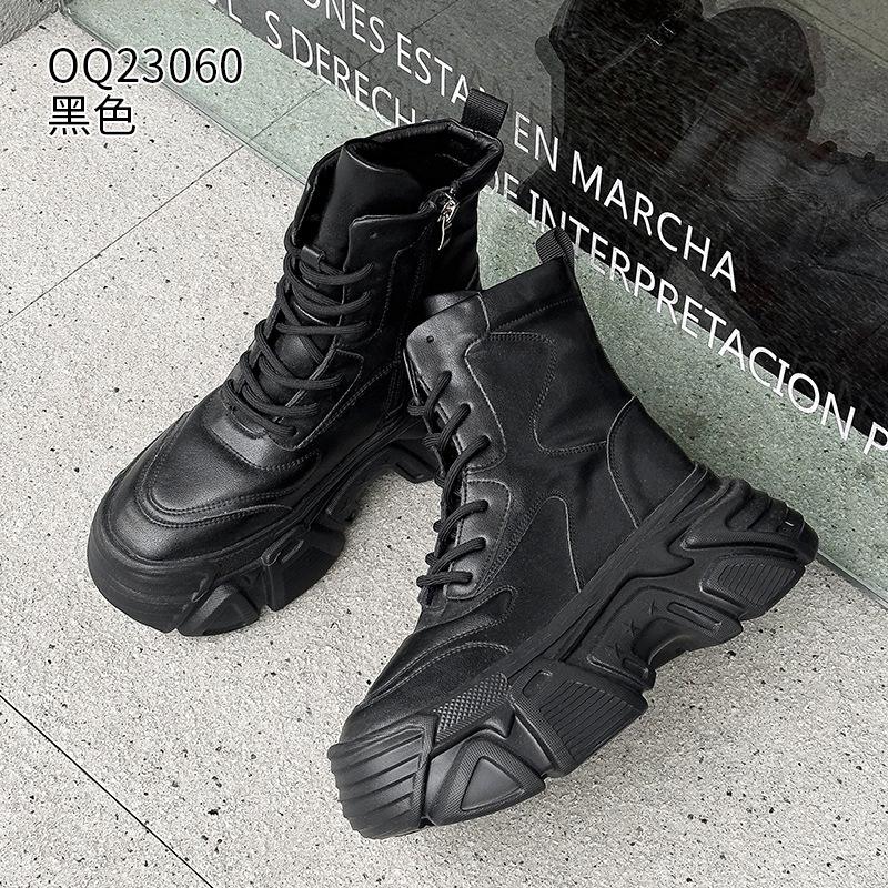 

Leather high-top shoes autumn and winter new thick-soled velvet heightening casual ins wear-resistant short boots 34 чёрный