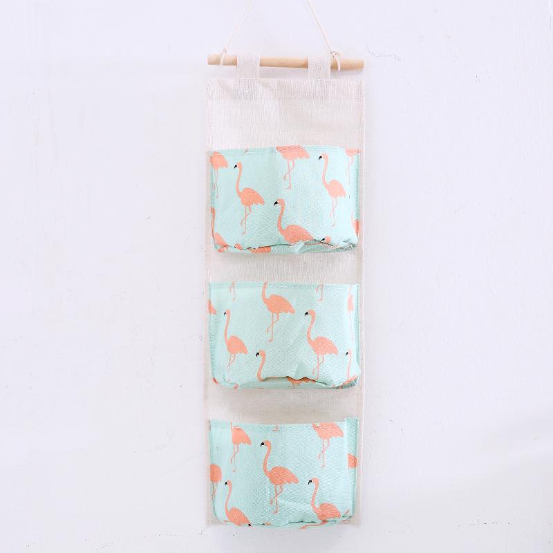 Grid Pattern Cotton Linen Three-Pocket Hanging Storage Bag