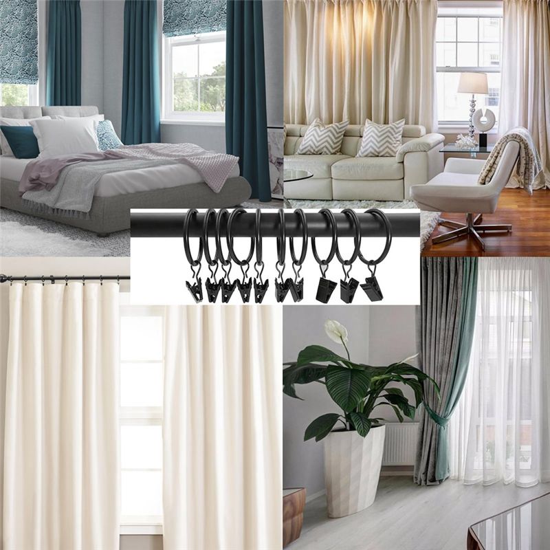 M-Modern-16 Pack Curtain Rings With Clips,Window Clip Rings Black Curtain Hooks Hangers Clip Rings For Hanging,1.26 Inch Diamete