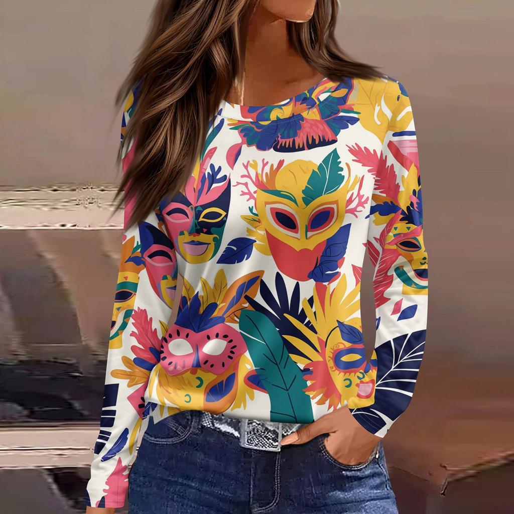 Women's Fashionable Casual Neck Long Sleeve Hem Split Carnival Print T-Shirt Top