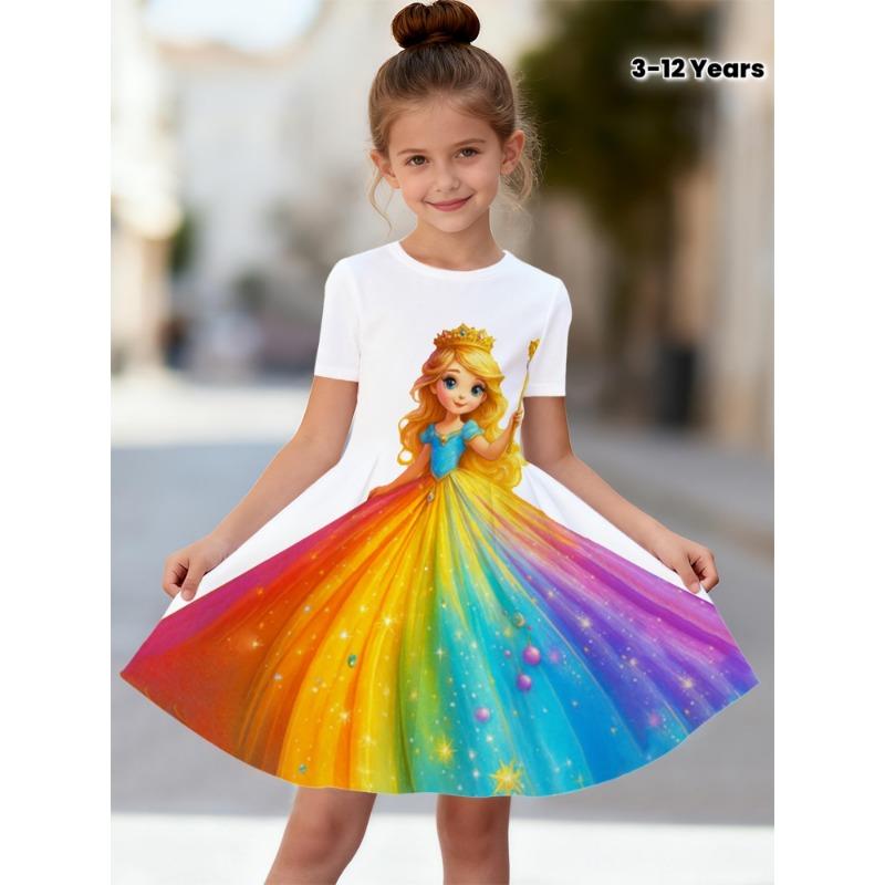 Girls' Casual Unicorn Short-Sleeve Dress Featuring Trendy Butterfly And Flower Prints