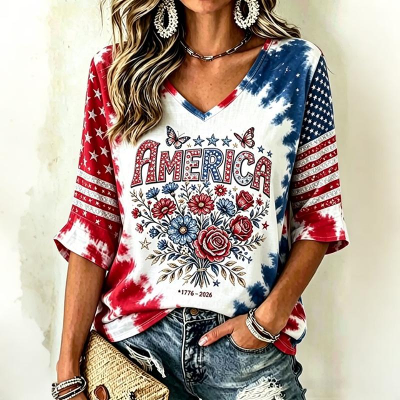 Fashion Women's V-Neck Short Sleeve 3D Casual Color Printing Casual Short Sleeve V-Neck T-Shirt