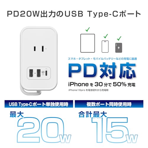 Kashimura Power Strip with Cord Wrapped Around It for Overseas Use! Max PD20W Fast Charging, 3 Outlets, 1 USB-C Port, 2 USB-A Ports, 1m (AC-072)