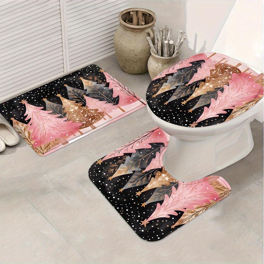 4Pcs Bathroom Shower Curtain Set Pink Christmas Tree Pattern Bathroom Curtain With 12 Hooks Non Slip Rugs Toilet Cover Mat Bathroom Partition