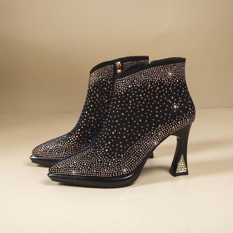 2024 Fashionable and Comfortable Women's Boots Spring and Autumn Rhinestone Decorated Pointed Toe Short Fashion Women's Boots