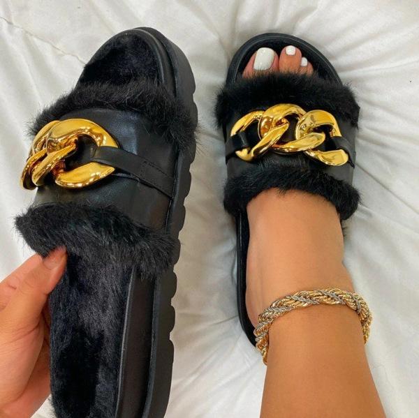Plus Size Women Shoes Autumn Plush Slippers Fashion Open Toe Solid Color Metal Chain Indoor Casual Shoes 36-43 Slippers Women