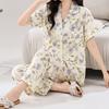 Spring and summer cotton and silk thin pajamas women's short-sleeved trousers set V-neck Korean version lapel button cardigan pajamas
