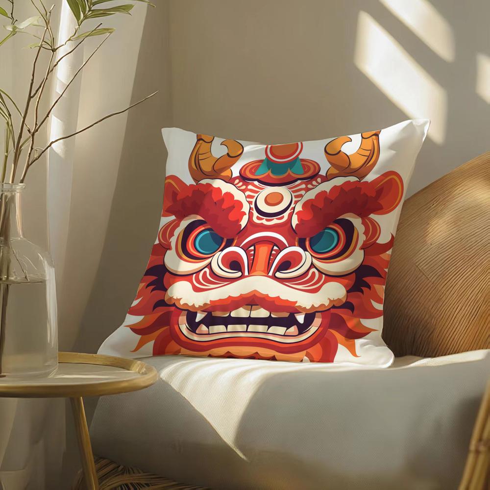 Oriental Festive Lion Print Pillow Case Double-Sided Plush Sofa Cushion Covers Organic Breathable Invisible Zipper