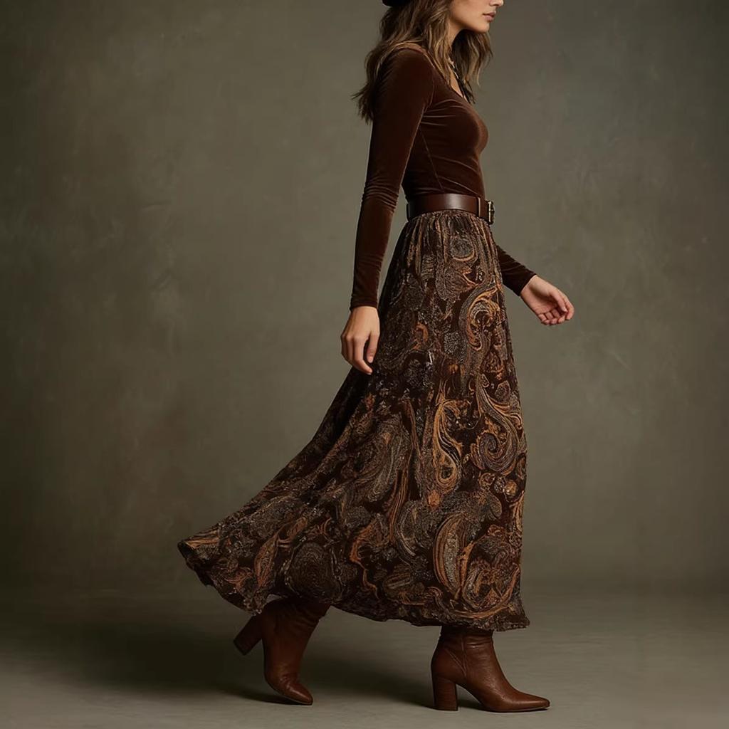 1116 European and American autumn new slim-fit top temperament big pendulum retro printed dress set with belt
