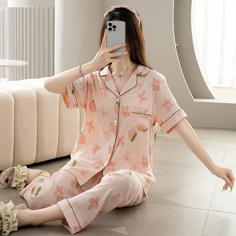 1011 new pajamas women's summer cloud cotton short-sleeved trousers two-piece set Japanese large-size printed loungewear autumn