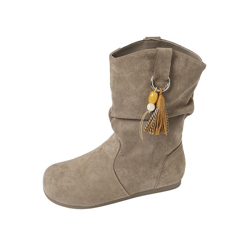 Retro ethnic small pendant small short boots women's 2025 new autumn and winter sleeve round head stacking boots slim short boots