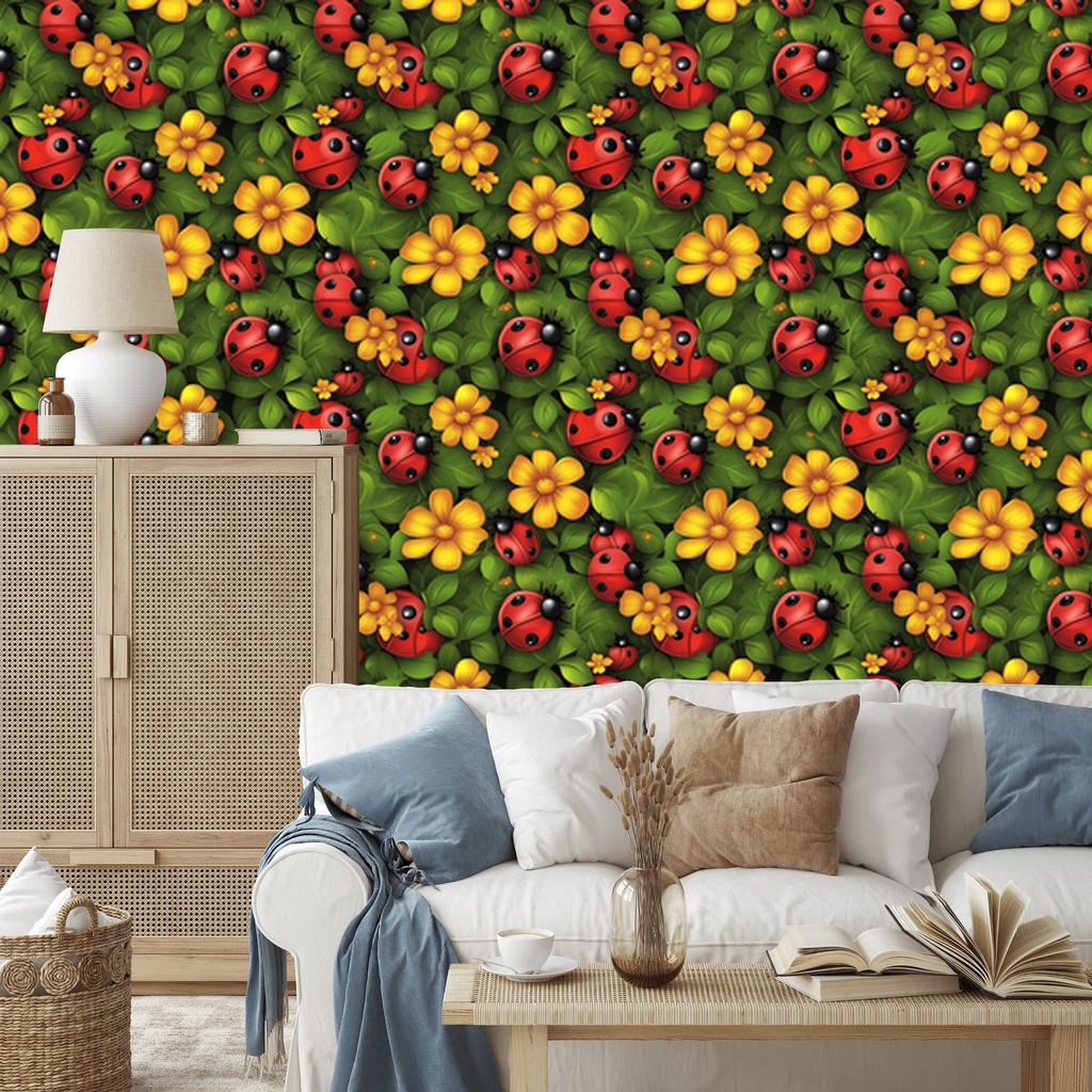 Ladybugs Wallpaper Olive and Red for Living Room and Bedroom 50x1000